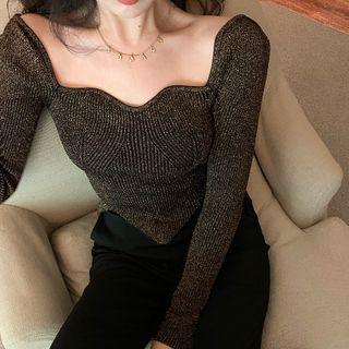 Glitter Square-neck Sweater Coffee Gold - One Size