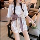 Mock Two-piece Ribbon Elbow-sleeve T-shirt