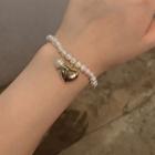Heart Alloy Faux Pearl Bracelet White & Gold - One Size