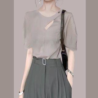 Short-sleeve Cut Out Top Gray - One Size