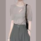 Short-sleeve Cut Out Top Gray - One Size