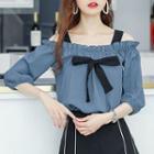 Bow Elbow-sleeve Cold-shoulder Blouse
