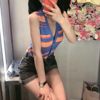 Sleeveless Striped V-neck Knit Top