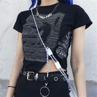Asymmetric Short Sleeve Printed Cropped T-shirt