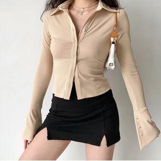 Bell-sleeve Plain Ribbed-knit Crop Cardigan