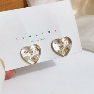 Gold Leaf Heart Resin Earring 1 Pair - S925 Silver - Gold - One Size