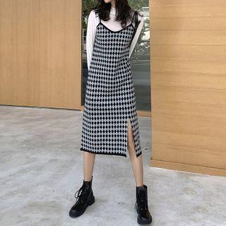 Mock Neck Long-sleeve Top / Spaghetti Strap Midi Argyle Knit Dress