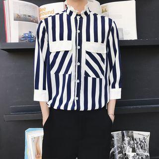 Frilled Neck Striped 3/4-sleeve Shirt