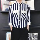 Frilled Neck Striped 3/4-sleeve Shirt