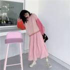 Color Block Sweater / Long-sleeve Midi Pleated Dress