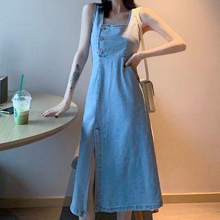 Square-neck Midi A-line Denim Pinafore Dress