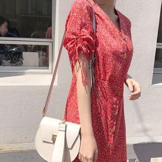 Shirred-sleeve Floral Print Shirtdress Red - One Size