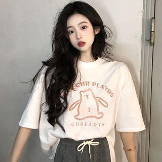 Elbow-sleeve Graphic Print Slit T-shirt
