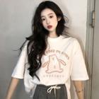 Elbow-sleeve Graphic Print Slit T-shirt