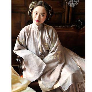 Bell-sleeve Floral Embroidered Cape / Tie-side Long-sleeve Top / Floral Print Maxi Mesh Skirt / Set