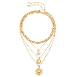 Flower Faux Pearl Pendant Layered Alloy Necklace 3113 - Gold - One Size