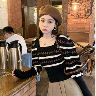 Puff-sleeve Square-neck Floral Sweater