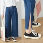 Wide Leg Band-waist Fringe Hem Jeans Blue - One Size