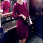 Long-sleeve Knit Midi Bodycon Dress Red - One Size