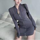 Long Sleeve Zip-up Bodycon Dress Gray - One Size