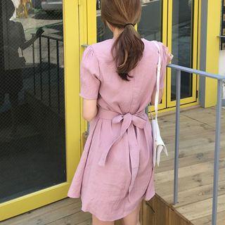 Puff-sleeve Tie-waist Dress Light Pink - One Size