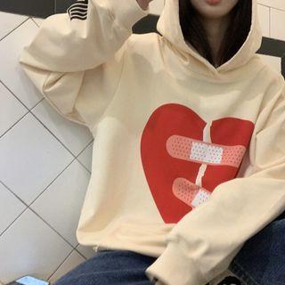 Heart Print Hoodie Red Love Heart - Beige - One Size