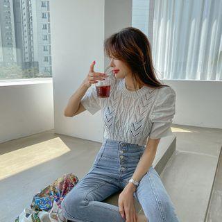 Shirred-sleeve Pointelle Knit Top