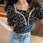 Puff Sleeve Sweetheart Neckline Floral Cropped Blouse
