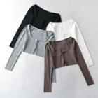 Long Sleeve Square-neck Plain Zip-up Crop Top