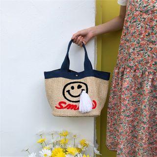 Smiley Face Woven Handbag Khaki - One Size