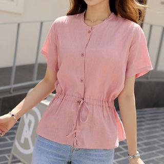 Round-neck Drawstring-waist Linen Blend Blouse