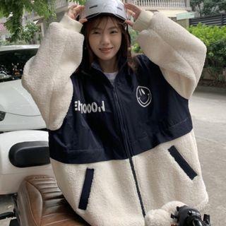 Lettering Smiley Embroidered Fleece Zip Jacket Dark Blue - One Size