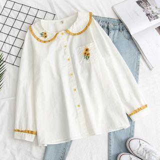 Ruffle Trim Sunflower Embroidered Blouse White - One Size
