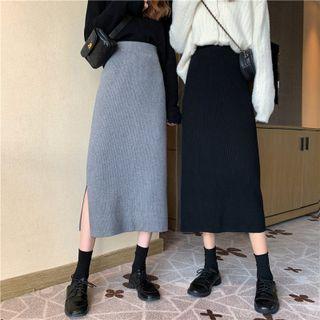 Plain Open-side Slit Knit Midi Skirt