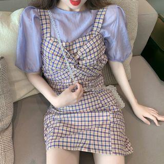 Puff-sleeve Blouse / Square Neck Plaid Dress