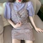 Puff-sleeve Blouse / Square Neck Plaid Dress