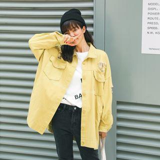 Ripped Lettering Buttoned Denim Jacket
