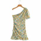 Puff-sleeve One-shoulder Floral Print Mini Sheath Dress