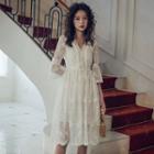 Elbow-sleeve Floral Embroidered Mesh Sundress