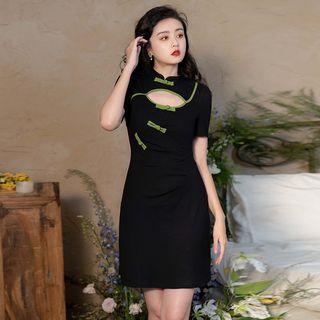 Short-sleeve Frog Button Knit Mini A-line Dress