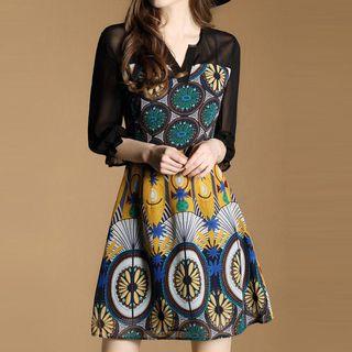 Patterned Mesh Panel 3/4 Sleeve Dress