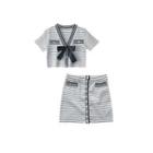 Set: Short-sleeve Striped Knit Top + Mini A-line Skirt Stripes - Black & White - One Size
