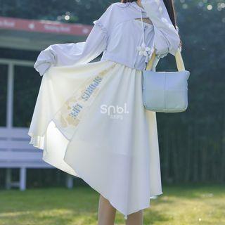 Applique Ruffle Cropped Zip Jacket / Spaghetti Strap Lettering Asymmetrical A-line Dress