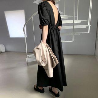 Plain Puff-sleeve Open-back Midi A-line Dress