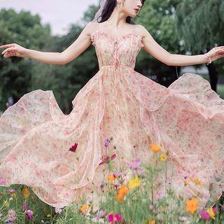 Spaghetti Strap Floral Maxi Dress / Light Jacket