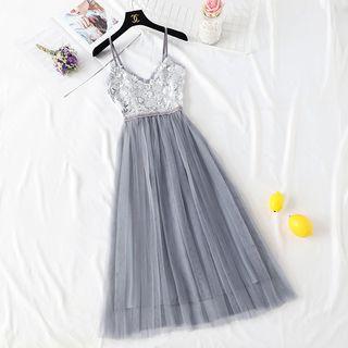 Sequined Mesh Spaghetti Strap Midi A-line Dress