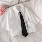 Short-sleeve Drawstring-hem Cropped Shirt With Tie