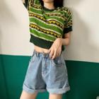 Elbow-sleeve Heart Striped Knit Top Avocado Green - One Size