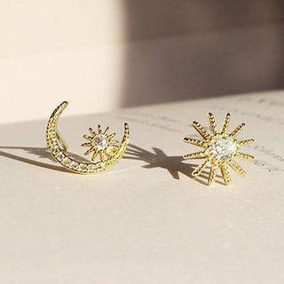 Non-matching Rhinestone Moon & Star Earring 1 Pair - As Shown In Figure - One Size