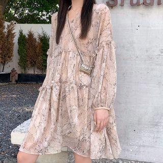 Long-sleeve Snake Print Mini Shift Dress